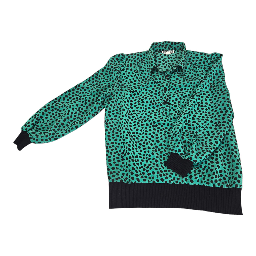 Tarus II Women's Blouse 11-12 mint Green black animal prints likely rayon